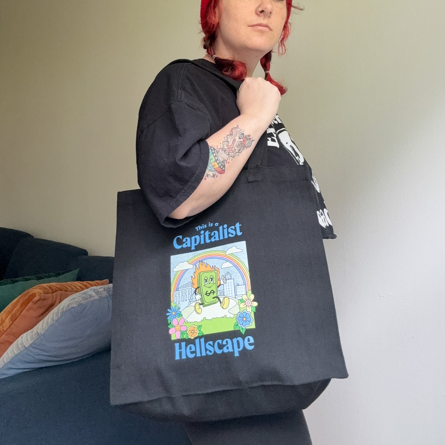 This is a Capitalist Hellscape Tote Bag