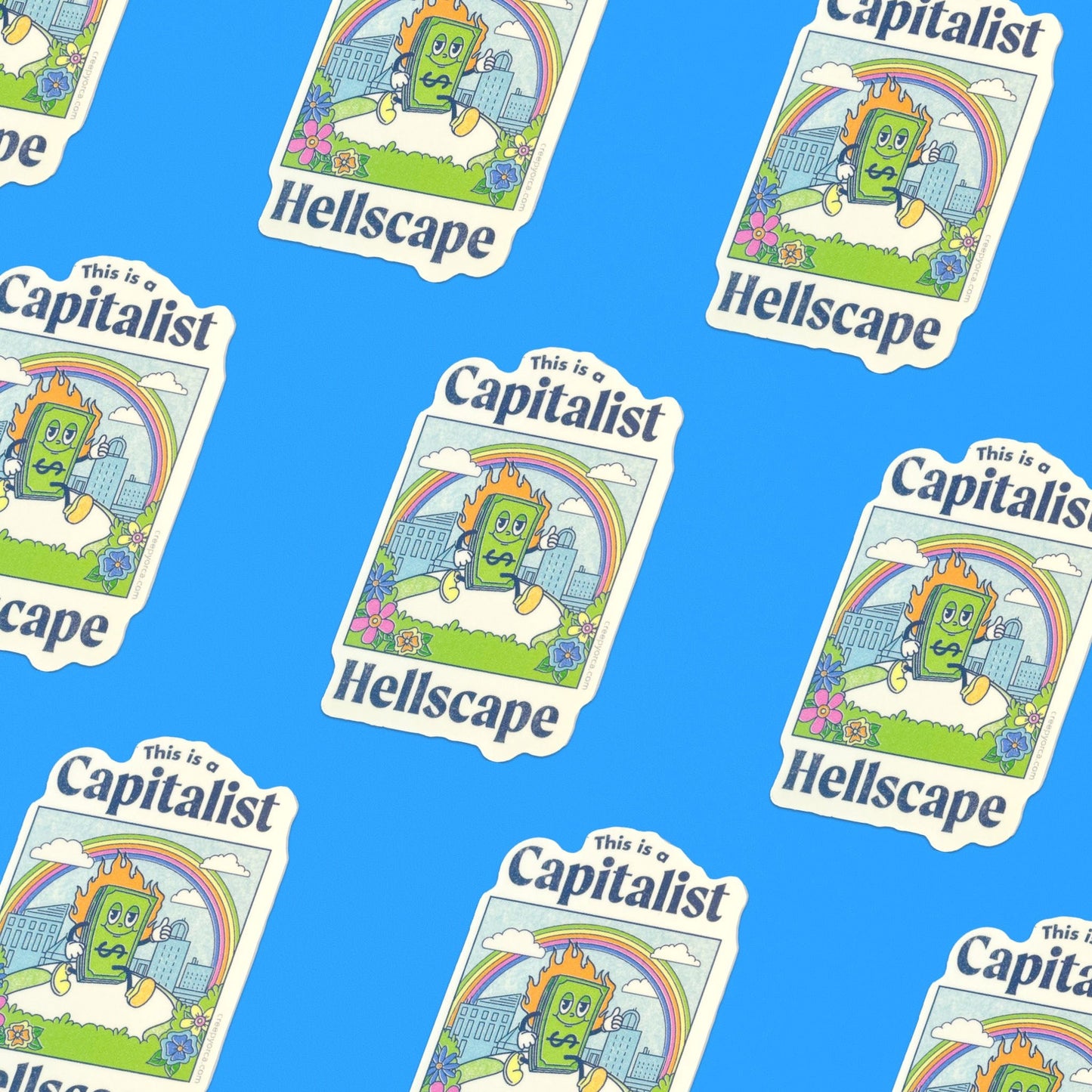 This is a Capitalist Hellscape Die Cut Sticker - Creepy Orca Supply Co