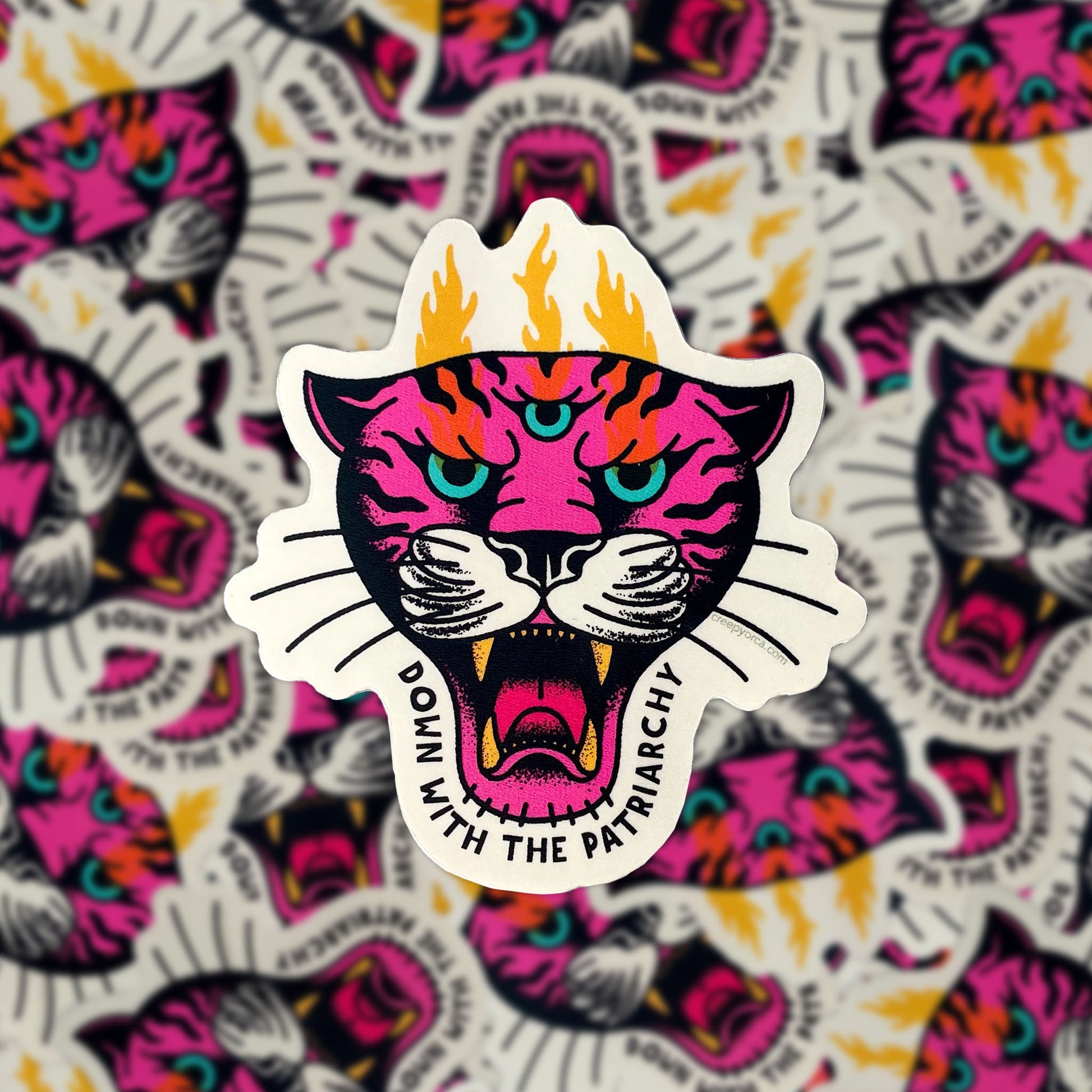 Down With The Patriarchy Tiger Die Cut Sticker - Creepy Orca Supply Co
