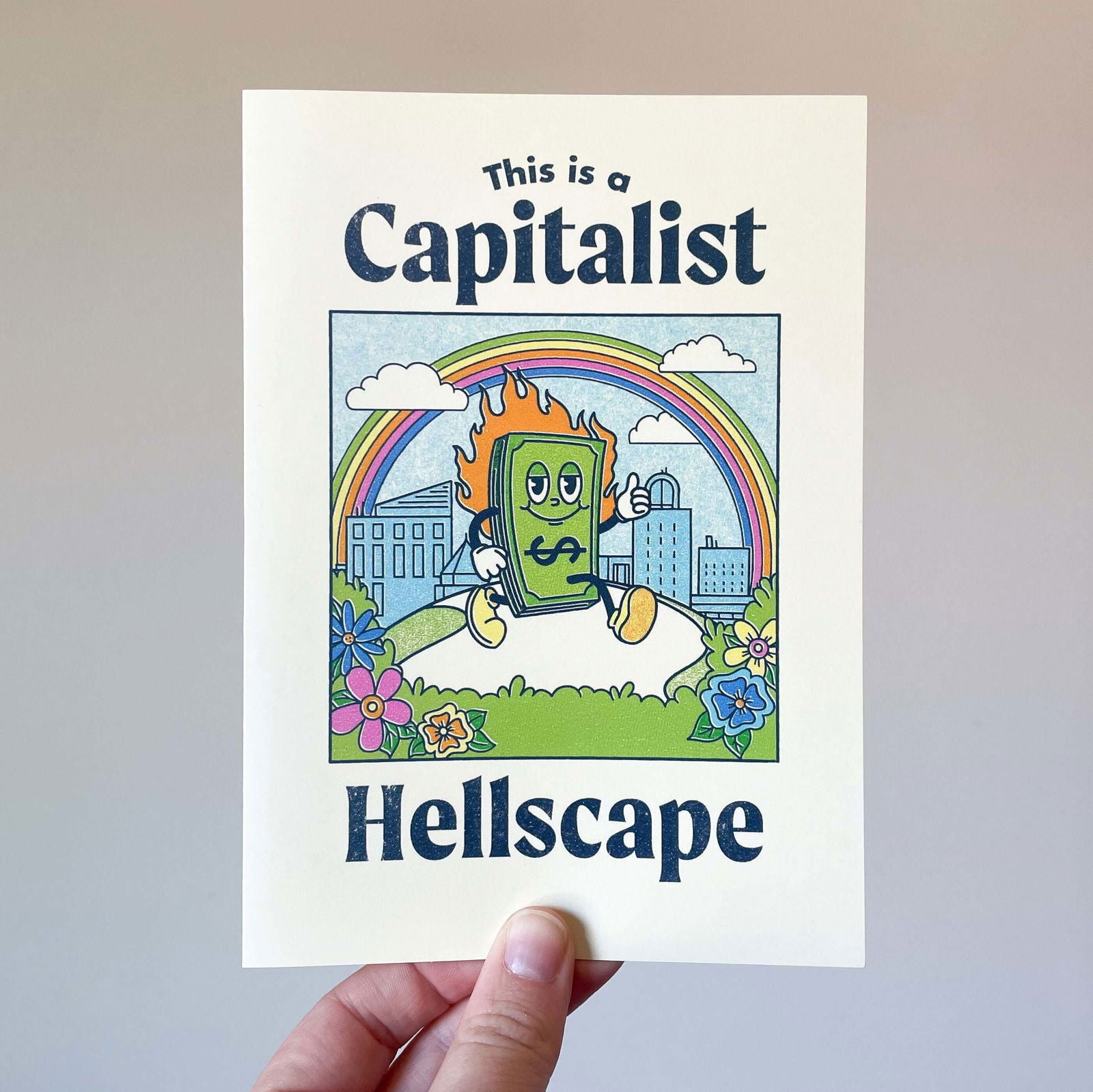 This is a Capitalist Hellscape 5x7 Greeting Card / Print - Creepy Orca Supply Co