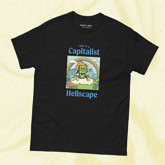 This is a Capitalist Hellscape Short - Sleeve Tee | Black - Creepy Orca Supply Co