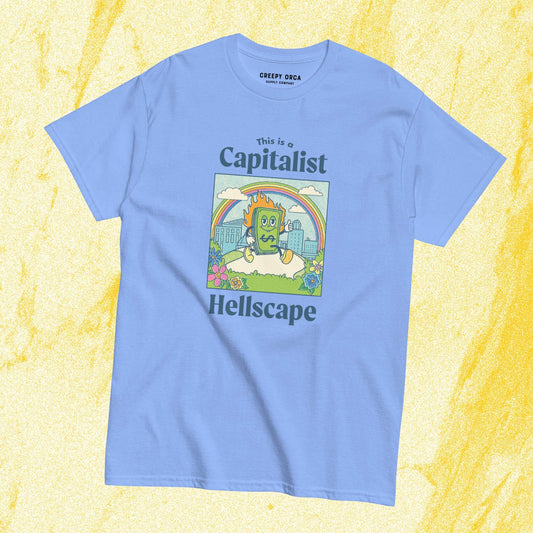 This is a Capitalist Hellscape Short - Sleeve Tee | Light Blue - Creepy Orca Supply Co
