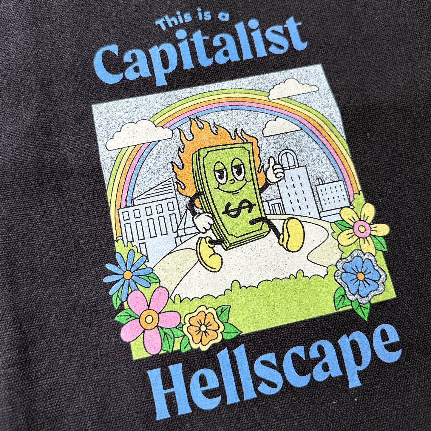 This is a Capitalist Hellscape Tote Bag