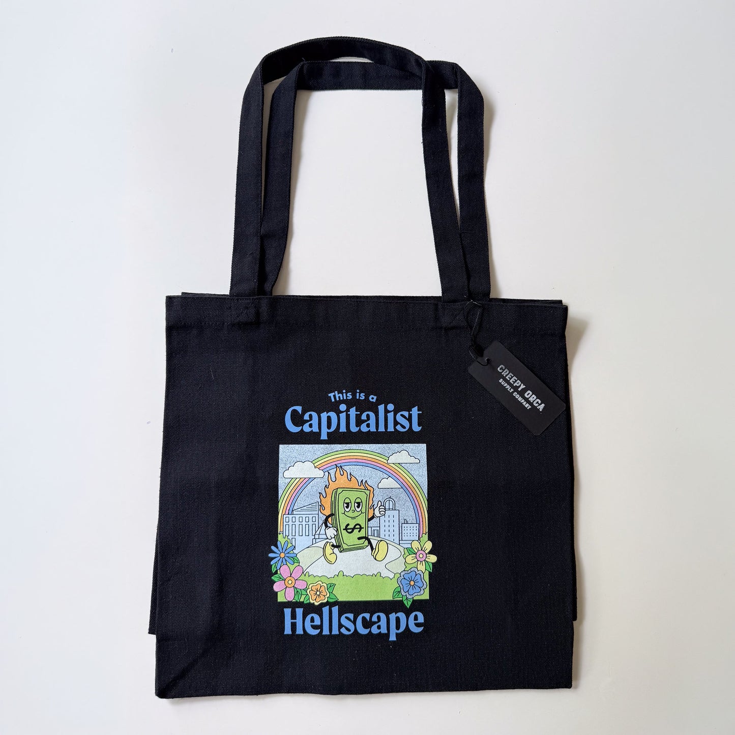 This is a Capitalist Hellscape Tote Bag