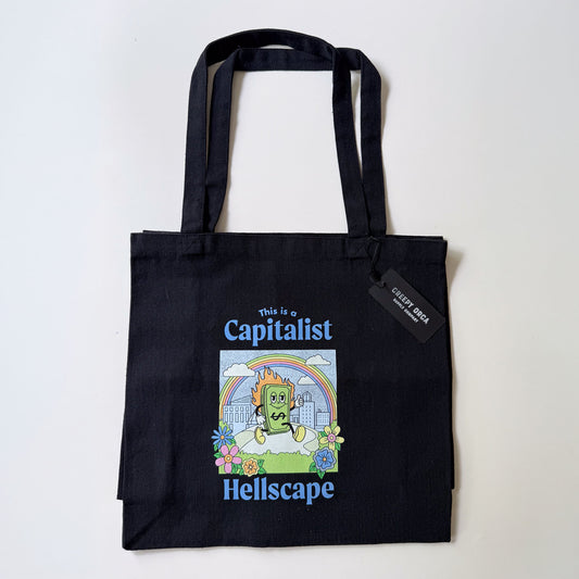 This is a Capitalist Hellscape Tote Bag