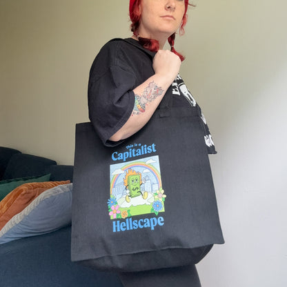 This is a Capitalist Hellscape Tote Bag