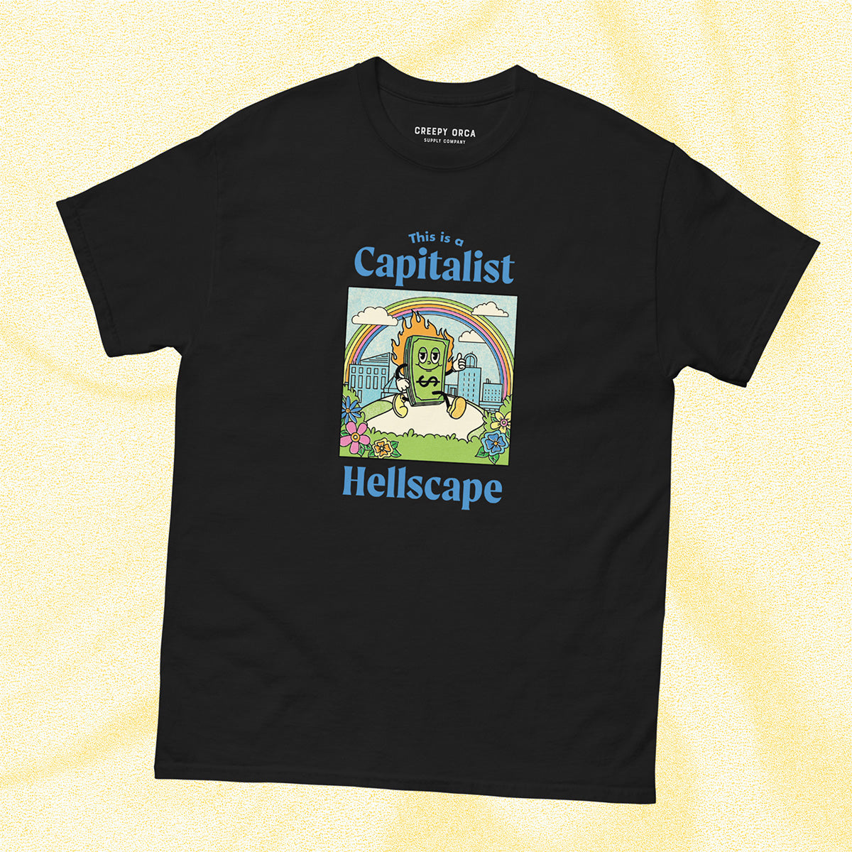 This is a Capitalist Hellscape Short-Sleeve Tee - Black