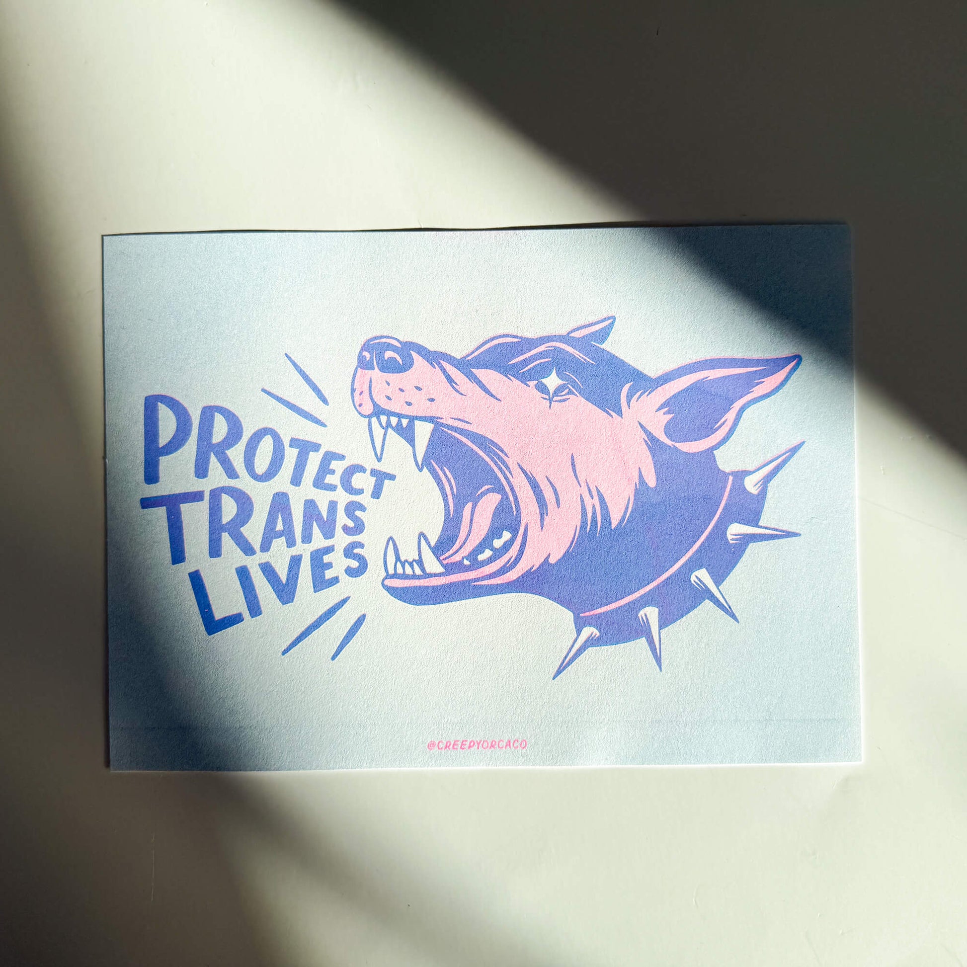 Protect Trans Lives Barking Dog 7x5 Risograph Print - Creepy Orca Supply Co