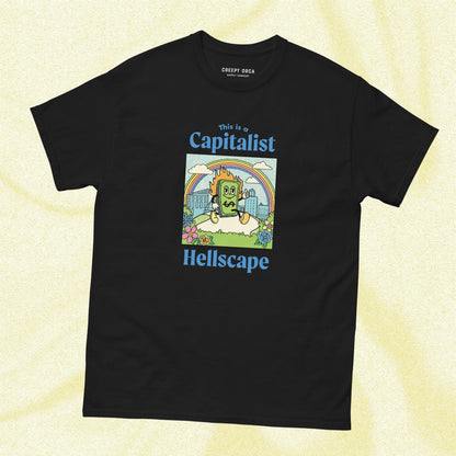 This is a Capitalist Hellscape Short - Sleeve Tee | Black - Creepy Orca Supply Co