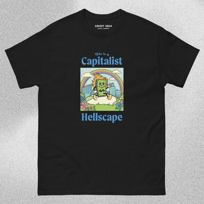 This is a Capitalist Hellscape Short - Sleeve Tee | Black - Creepy Orca Supply Co